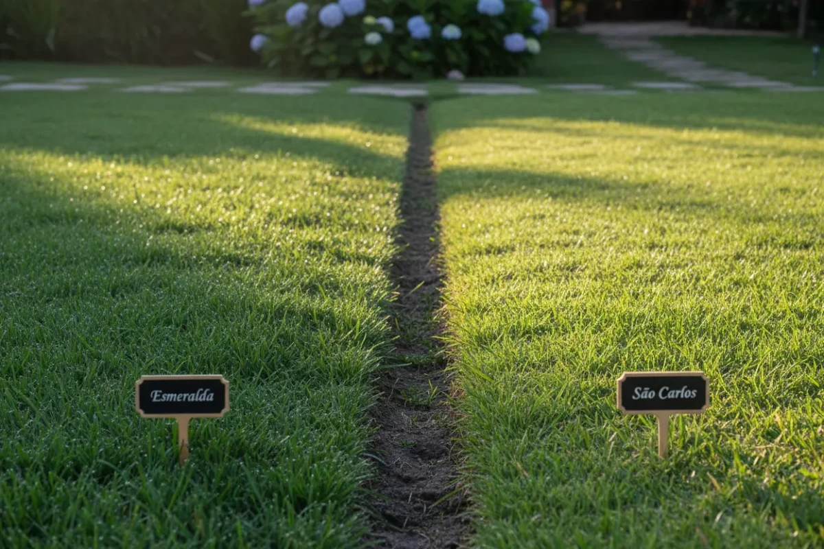 Comparativo de grama Esmeralda e São Carlos em jardim