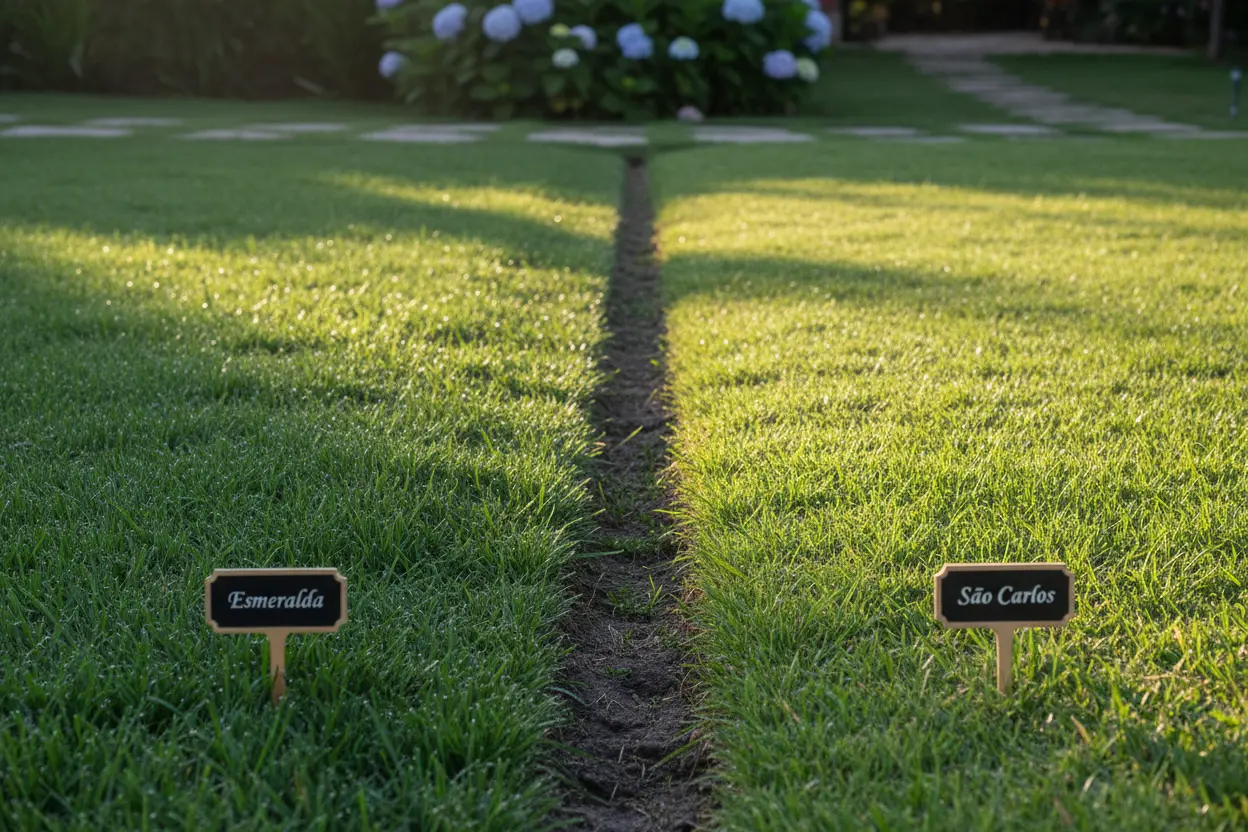 Comparativo de grama Esmeralda e São Carlos em jardim