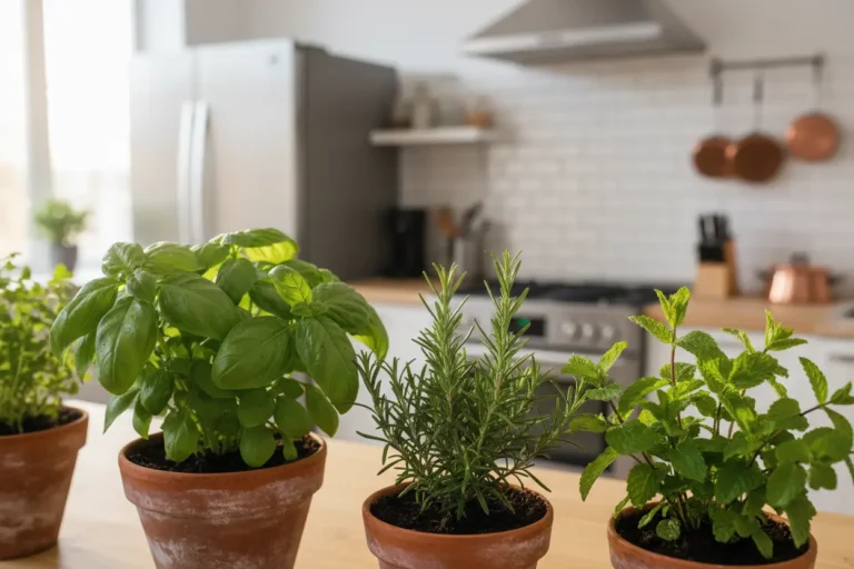 Temperos variados em vasos na janela da cozinha