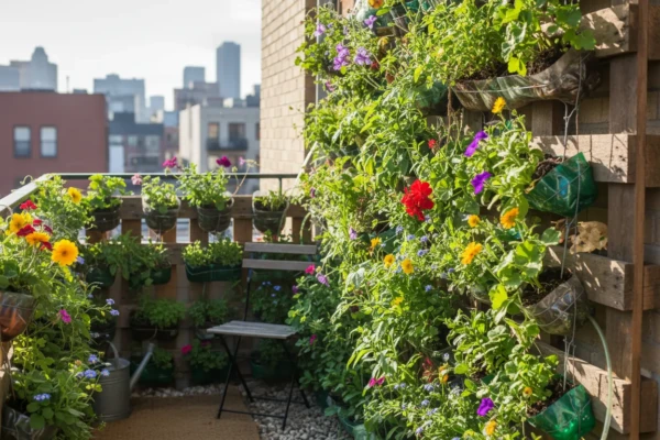 Jardim vertical feito com paletes e garrafas PET em varanda urbana