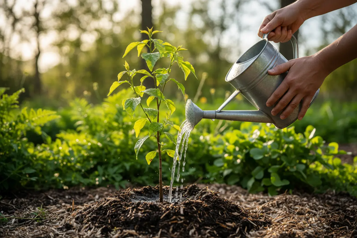 Jardinagem: Cuidando de Árvores Pessoa regando árvore jovem