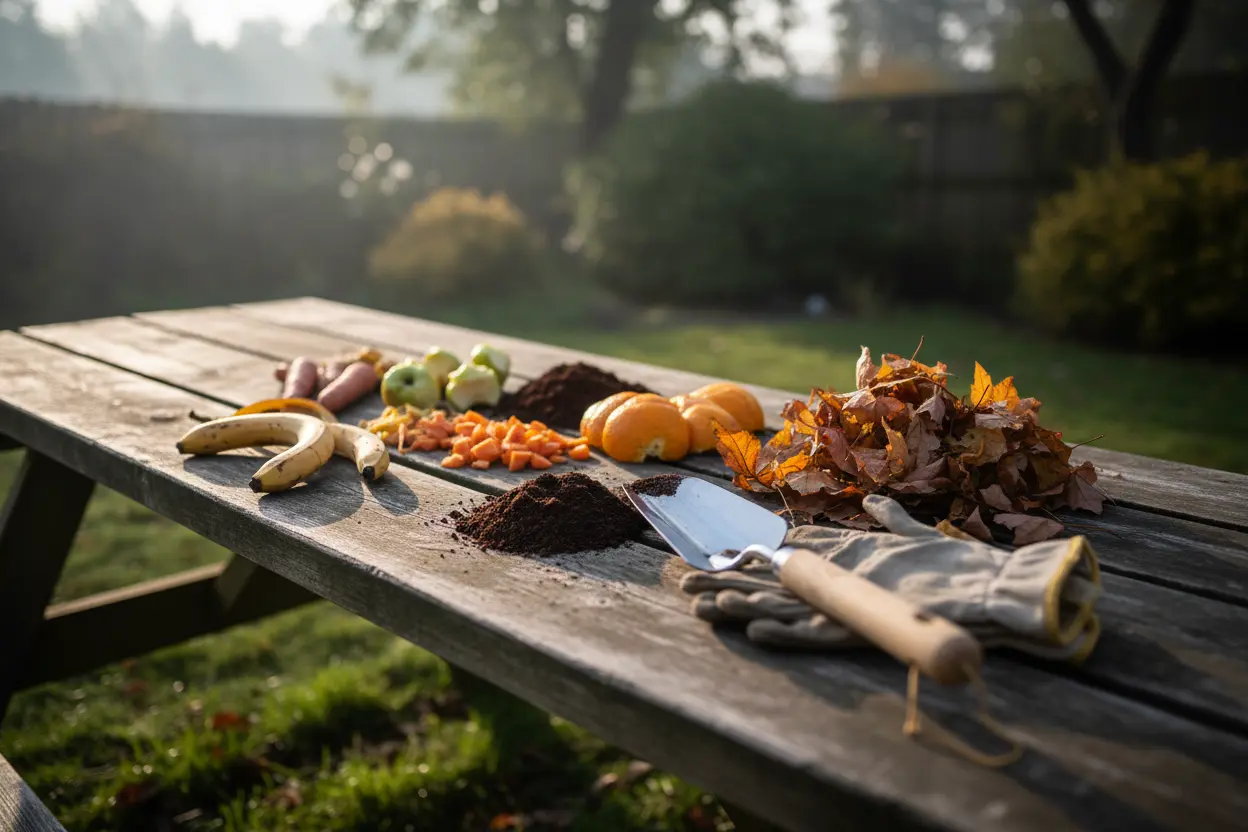 Ingredientes e ferramentas para adubo orgânico.