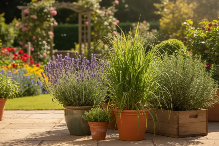 Variedade de plantas repelentes de insetos em vasos.
