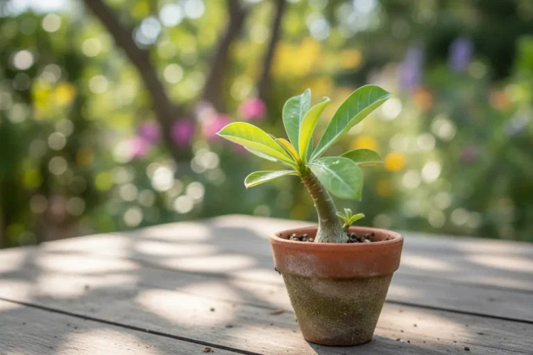 Muda de rosa do deserto brotando em vaso