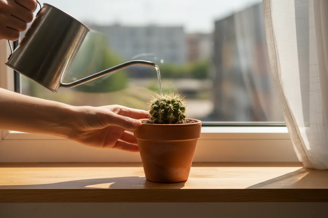 Como cuidar de cactos para iniciantes, rega essencial para o crescimento.