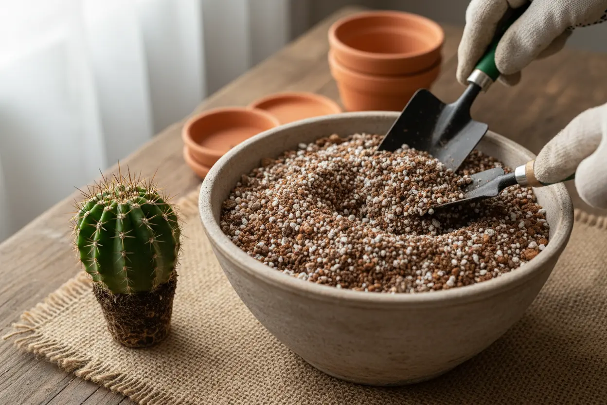 Solo drenável e vaso adequado para cactos saudáveis em casa.