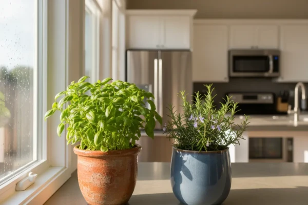 Melhores ervas aromáticas para cultivar em vaso em uma janela iluminada.
