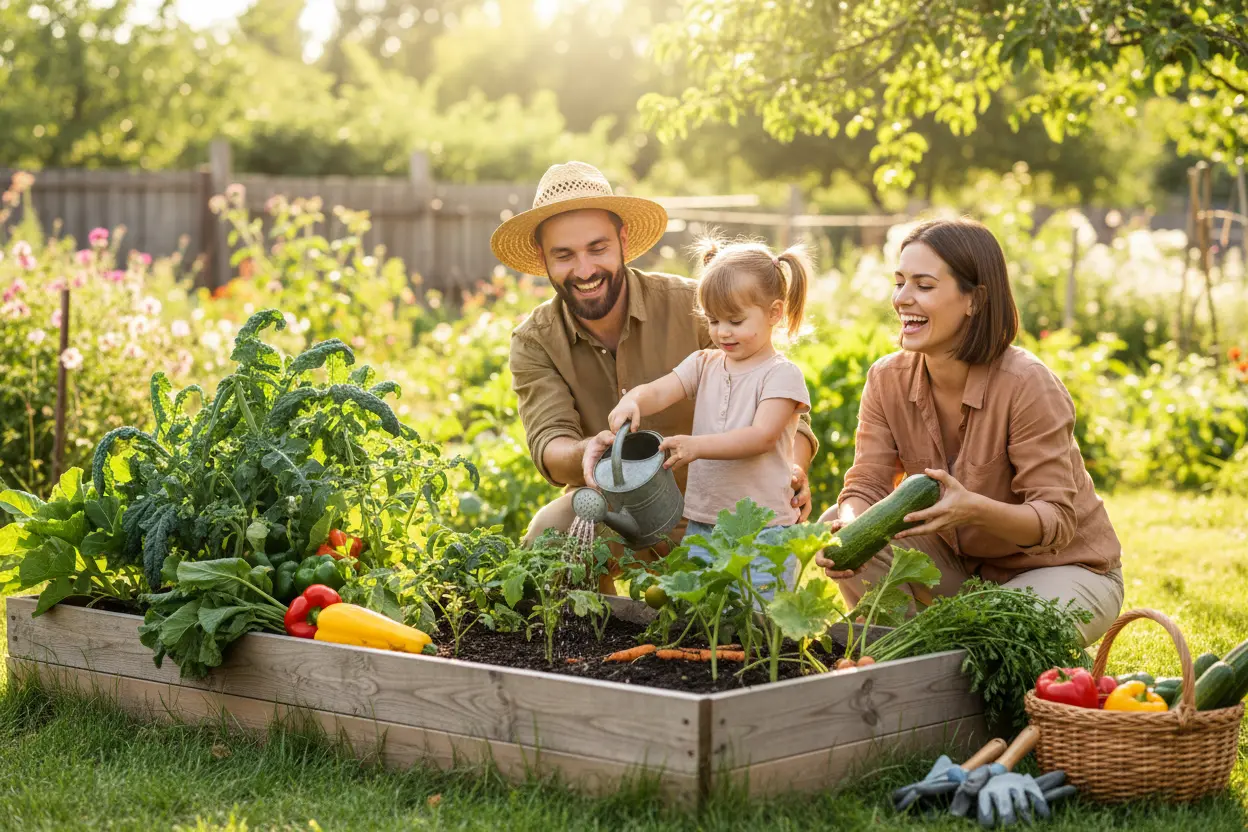 Família cultivando horta em casa