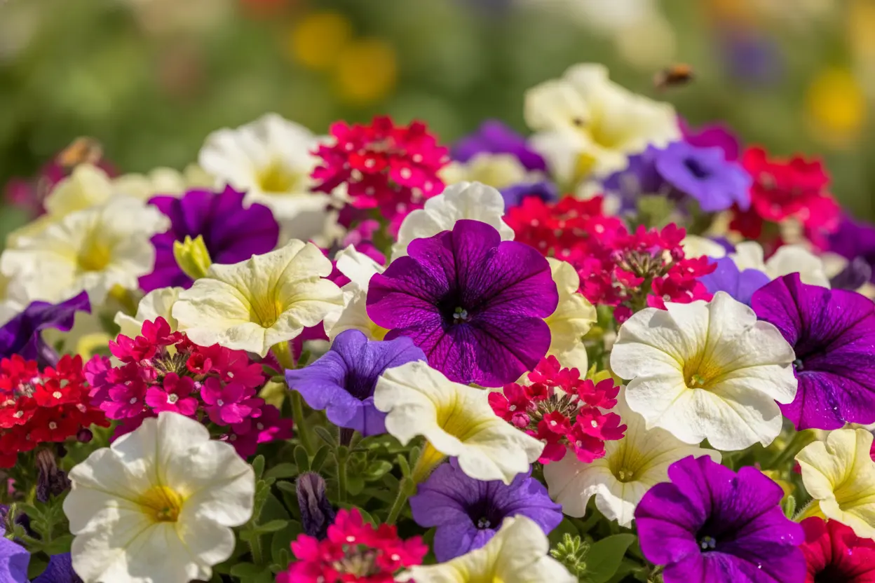 Petúnias e Verbenas em flor sob sol intenso