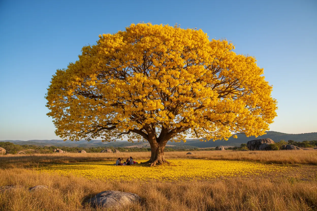 Árvore de Ipê amarelo em flor no sol