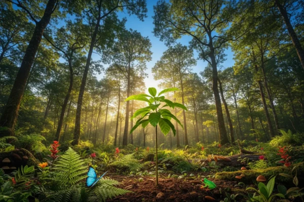 Floresta nativa brasileira exuberante com mudas jovens
