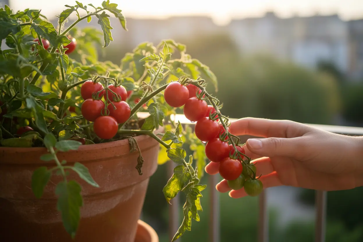 Planta de tomate cereja em vaso com frutos maduros