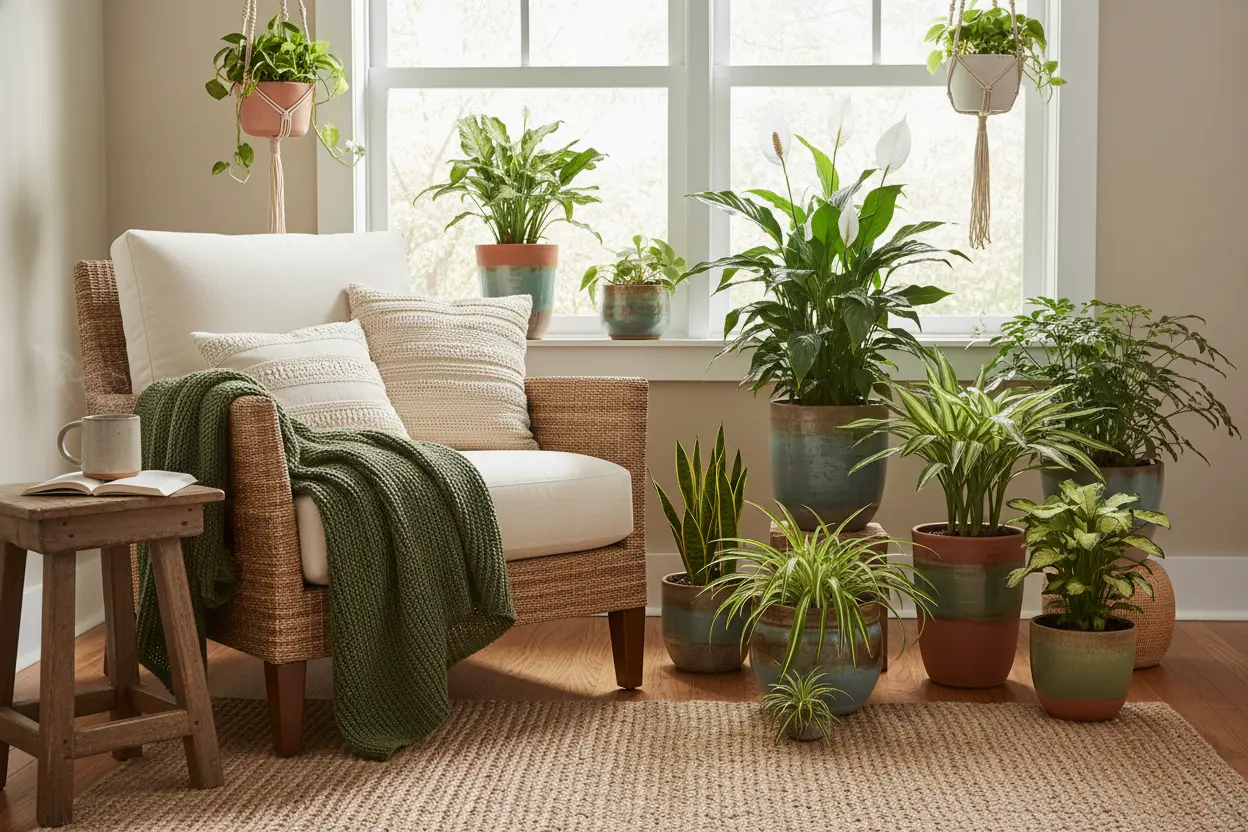 Cantinho de sala com várias plantas que purificam o ar, como lírio da paz e planta aranha.