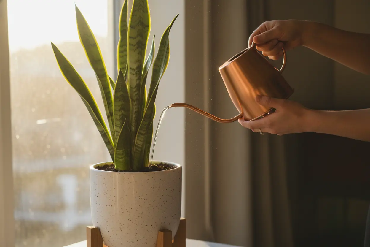 Pessoa regando uma planta que purifica o ar, a espada-de-são-jorge, em um vaso moderno.