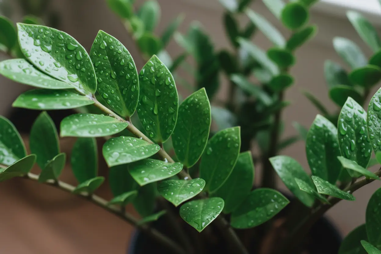Close-up de folhas de uma planta que purifica o ar, a Zamioculcas, com gotas de água.