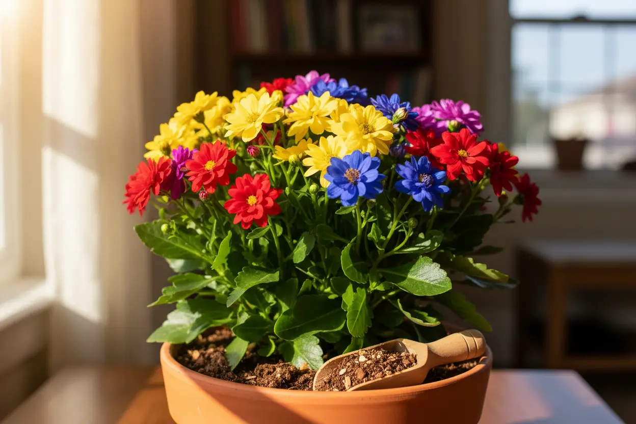 Flores vibrantes com adubo caseiro