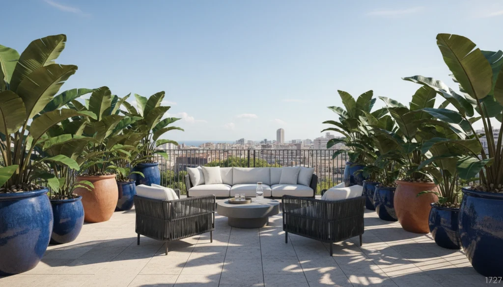 o terraço de um predio com um sofa, duas cadeiras e varios vados com plantas de um lado e de outro