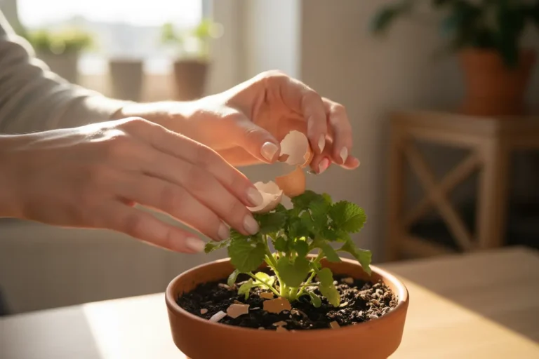 Mulher aplicando casca de ovo nas plantas