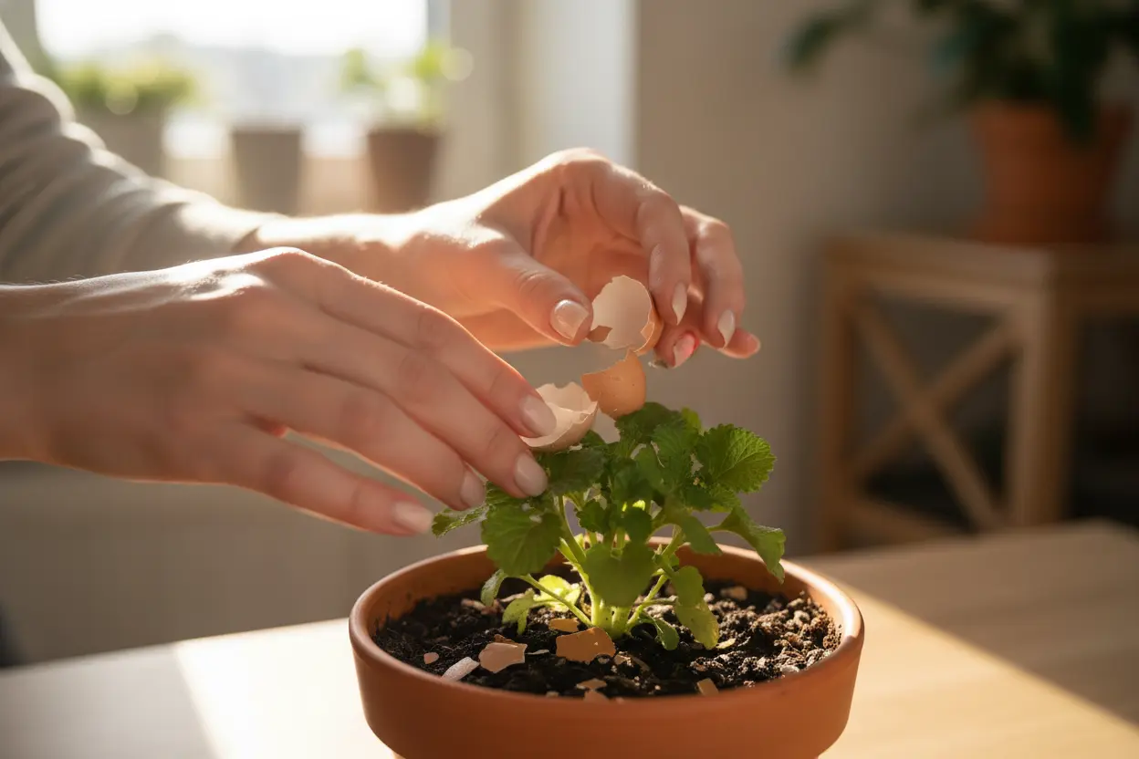 Mulher aplicando casca de ovo nas plantas