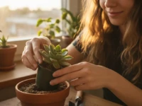 Mãos femininas cuidando de uma suculenta, simbolizando o cultivo de suculentas