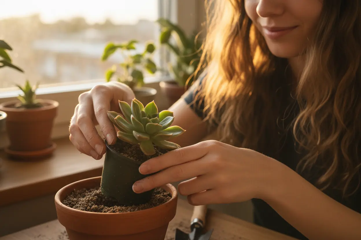 Mãos femininas cuidando de uma suculenta, simbolizando o cultivo de suculentas