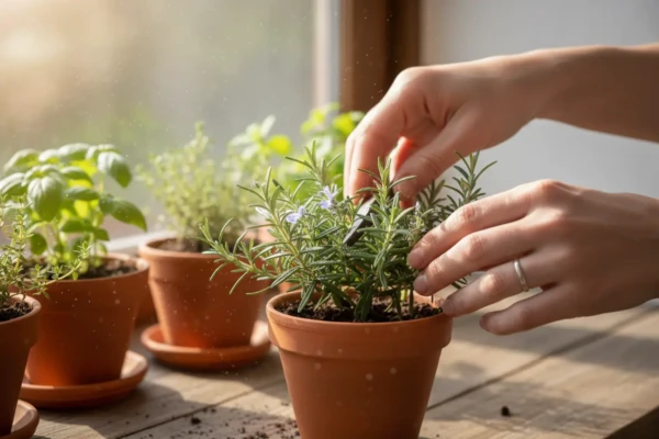 Mulher cultivando ervas medicinais em vasos pequenos