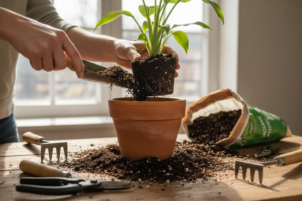 Plantio de flor em vaso