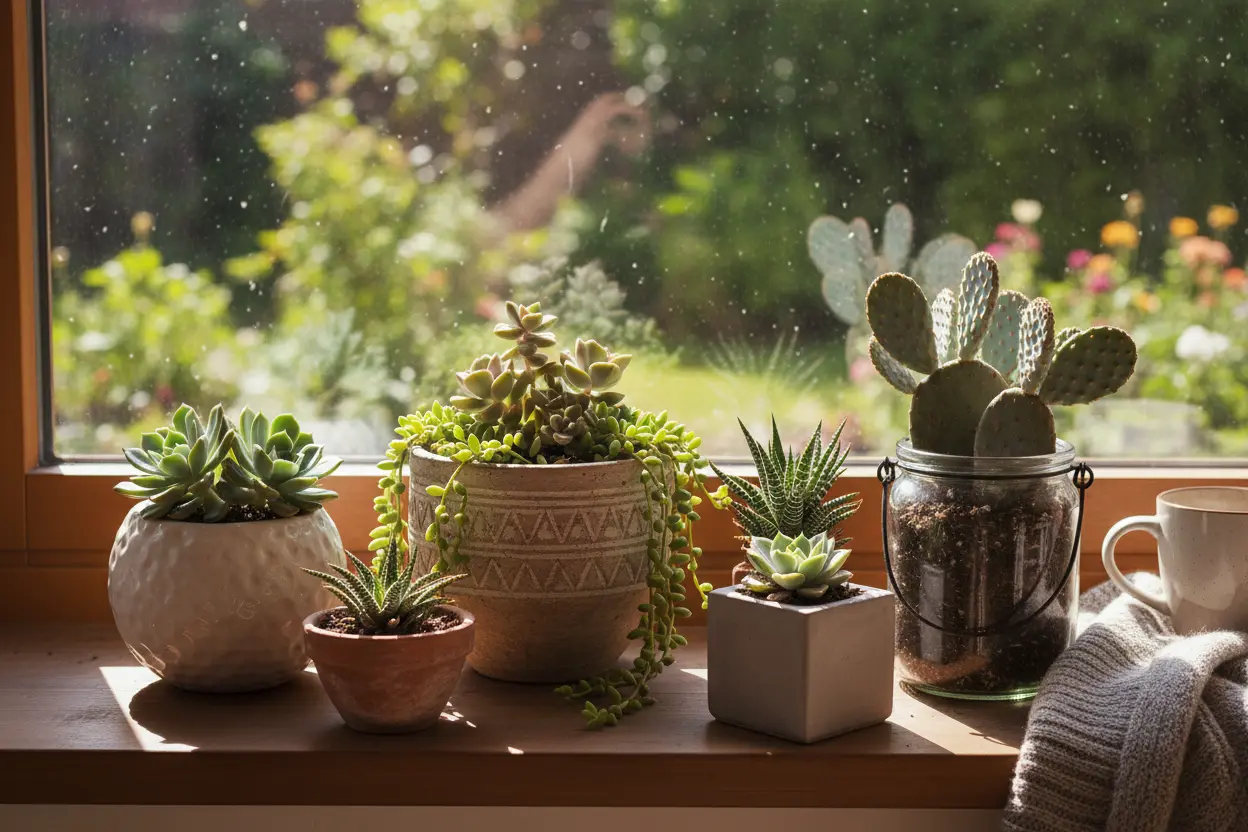 Coleção de suculentas em vasos decorativos