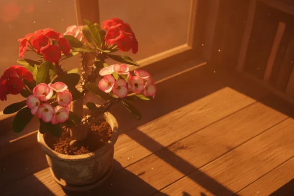 Vaso de Coroa de Cristo com flores vermelhas e rosa sob a luz dourada do sol na janela.