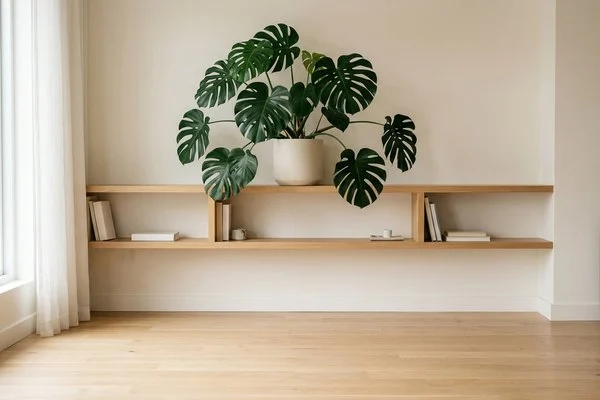 Planta de folhas grandes, recortadas e brilhantes em prateleira alta de sala clara, longe do chão