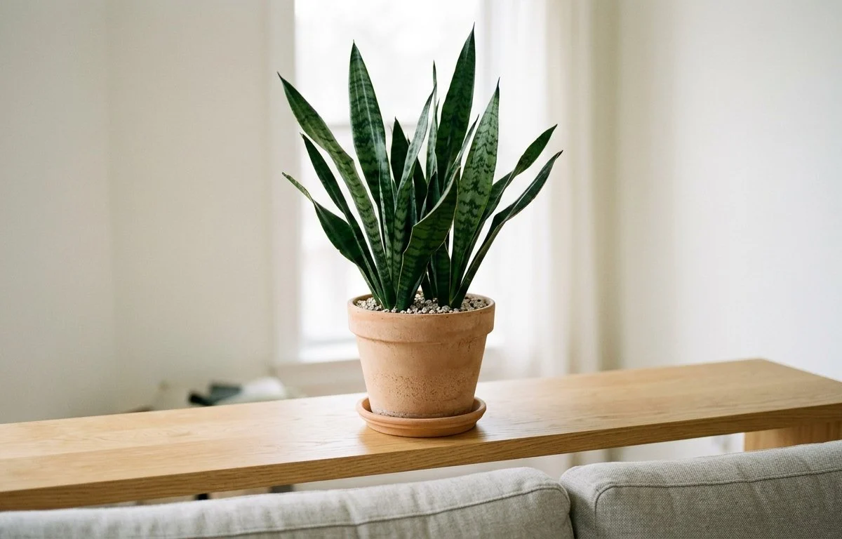 Vaso de barro com planta de folhas rígidas, verticais e listradas sobre prateleira alta em sala clara