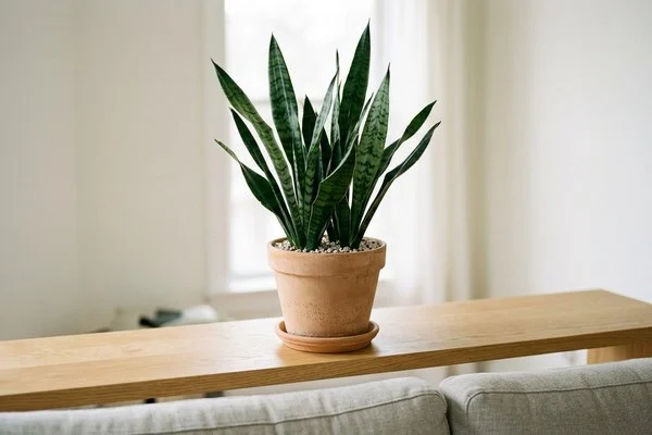 Vaso de barro com planta de folhas rígidas, verticais e listradas sobre prateleira alta em sala clara