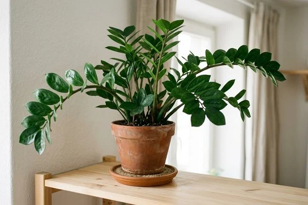 Vaso de barro com planta de folhas compostas verde-escuras e brilhantes sobre prateleira alta de madeira clara em sala